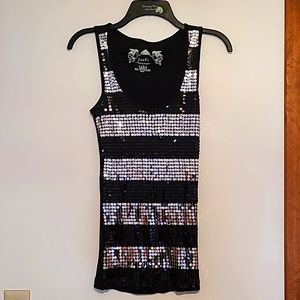 Poof! long silver & black sequined tank top Sz L